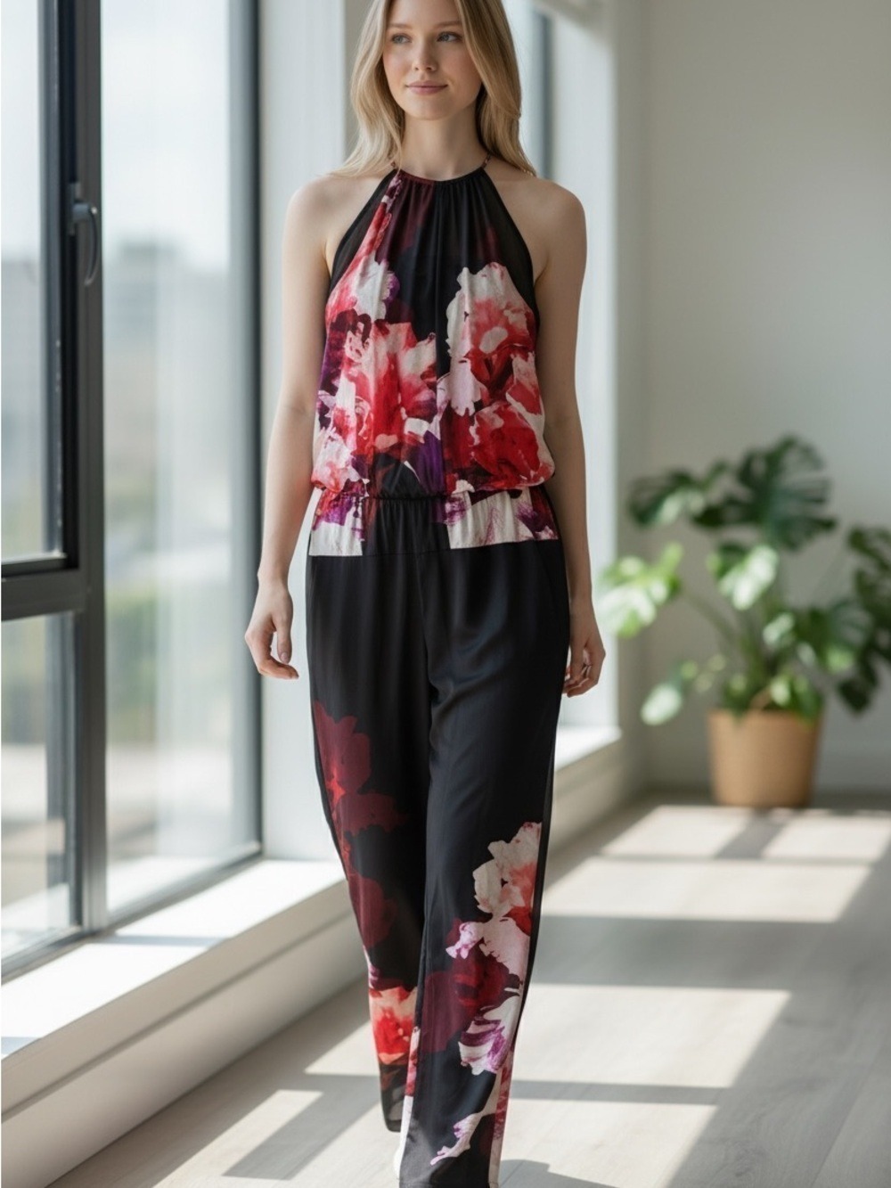 Marciano Black Pink Floral Halter Jumpsuit Size 4